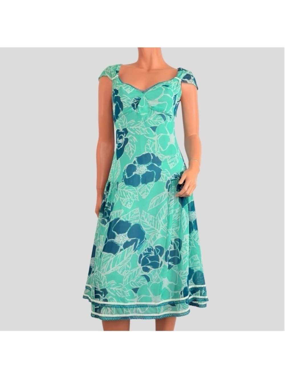 Odille 100 Silk Sheer Drop Waist Dress 6 Teal Floral Velvet Lace 90s Whimsigoth - Picture 4 of 16